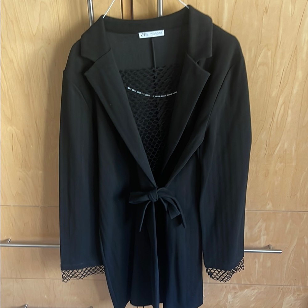 Zara Black Blazer Dress with Classic Lapel and Belted Waist